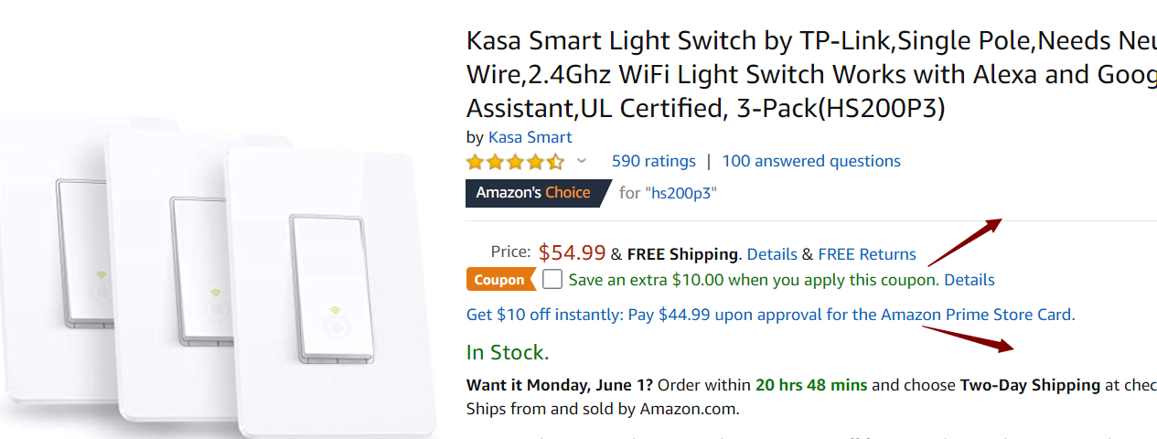现价$44.99Amazon - TP-Link Kasa HS200P3 智能开关 3只装，立减$10